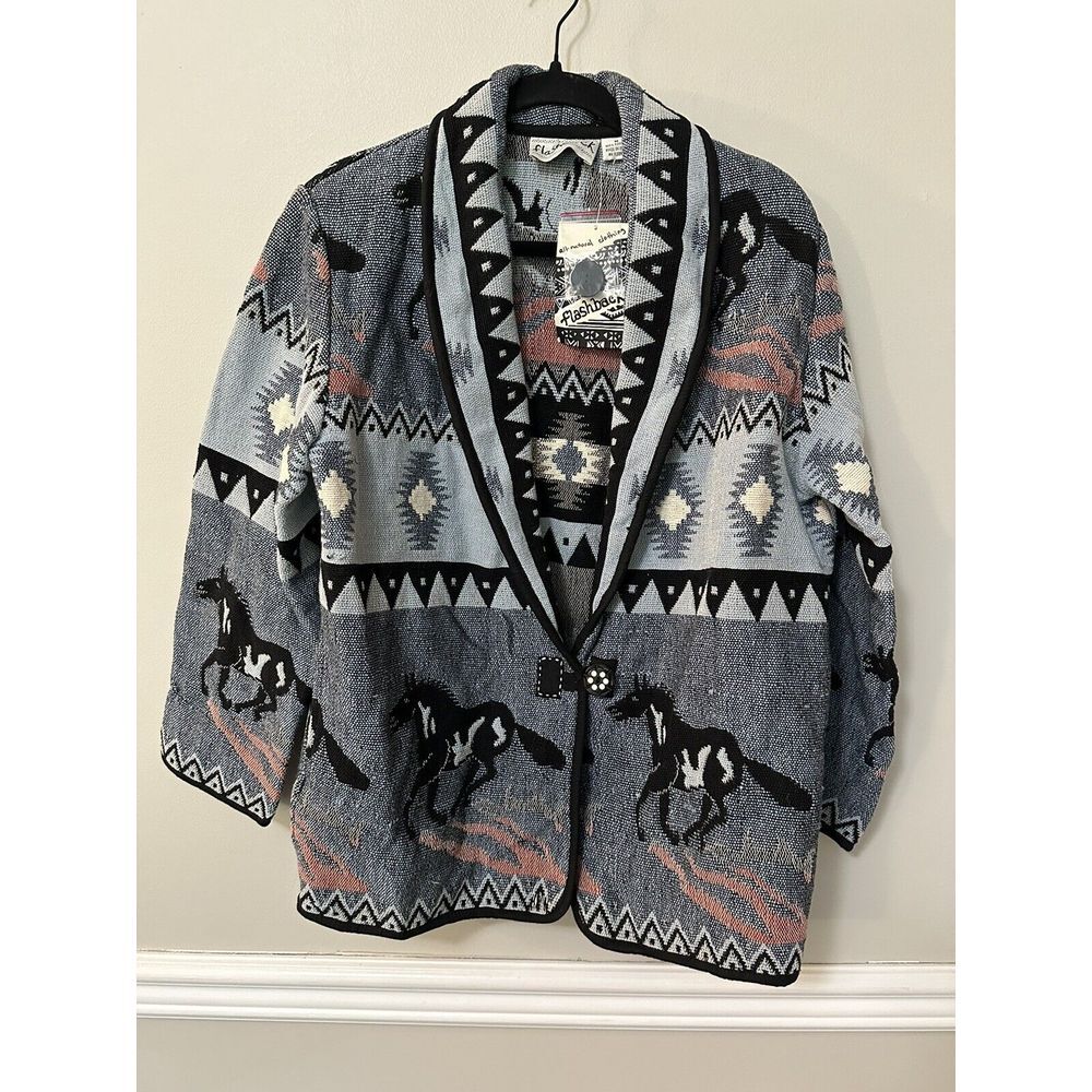 Flashback Womens Size M Southwestern Aztec Jacket Coat Horses Black Blue Orange